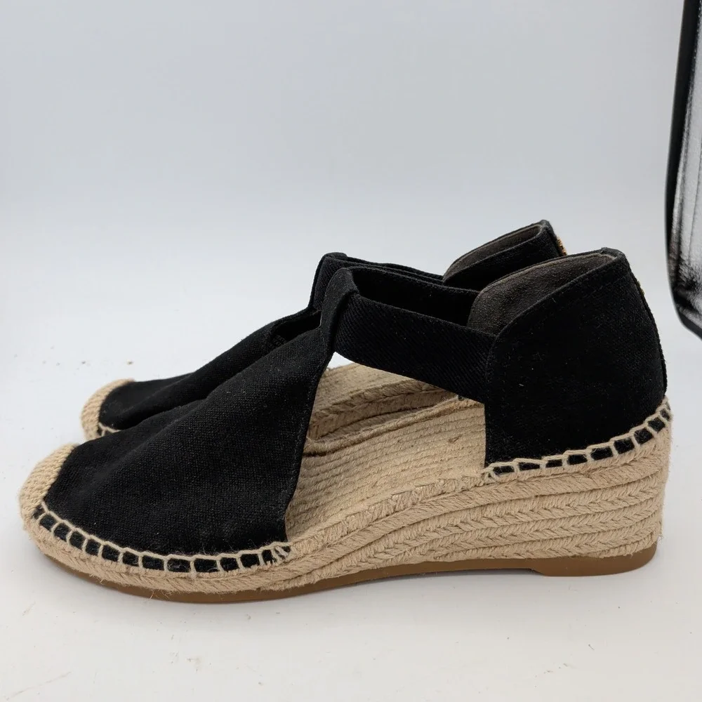 Tory Burch Catalina Black Canvas Espadrille Wedge Sandals Gold Logo Womens 10M
